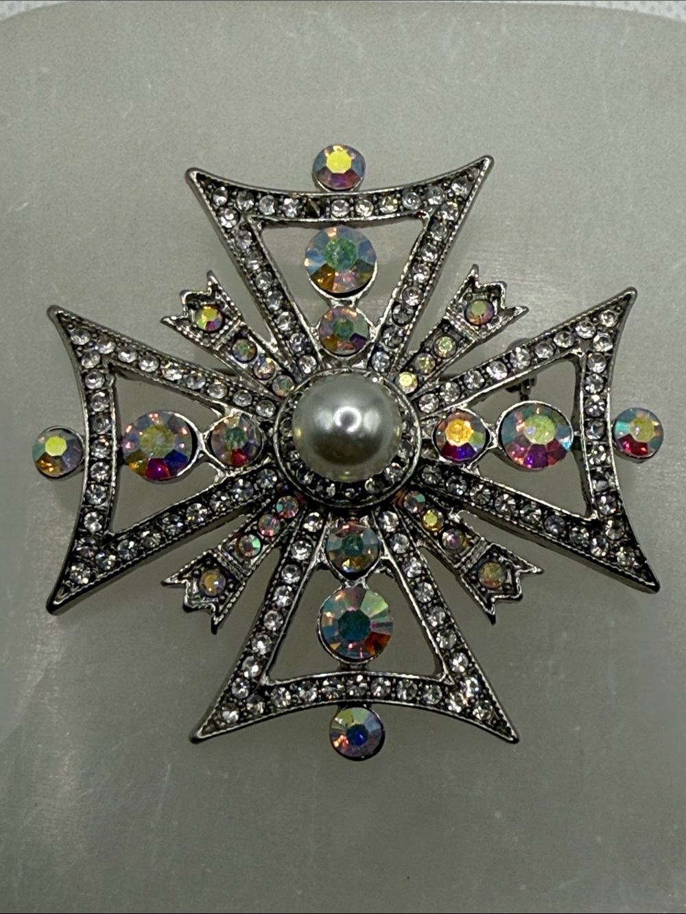 High end Vintage Aurora Borealis pave rhinestone Cross Brooch faux Pearl Center